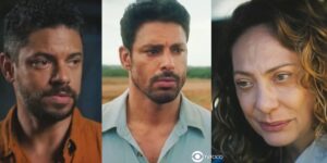 Jonatas, Caio e Agatha em cenas de Terra e Paixão (Foto: Reprodução / Globo / Montagem TV Foco)