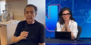 Faustão apareceu no Jornal Nacional e Renata Vasconcellos ficou emocionada (Foto: Reprodução / TV Globo)