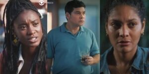 Menah, Tadeu e Aline em cenas de Terra e Paixão (Foto: Reprodução / Globo / Montagem TV Foco)