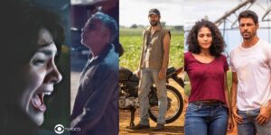 Petra, Andrade, Ruan, Aline e Caio em cenas de Terra e Paixão (Foto: Reprodução / Globo / Montagem TV Foco)