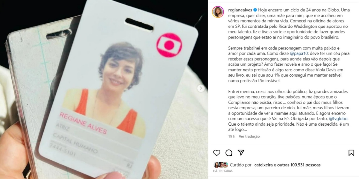 Post de despedida de Regiane Alves nas redes sociais (Foto: Reprodução/Instagram)