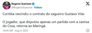 Coritiba rescindiu contrato com Gustavo Vilar (Foto: Reprodução / Twitter)