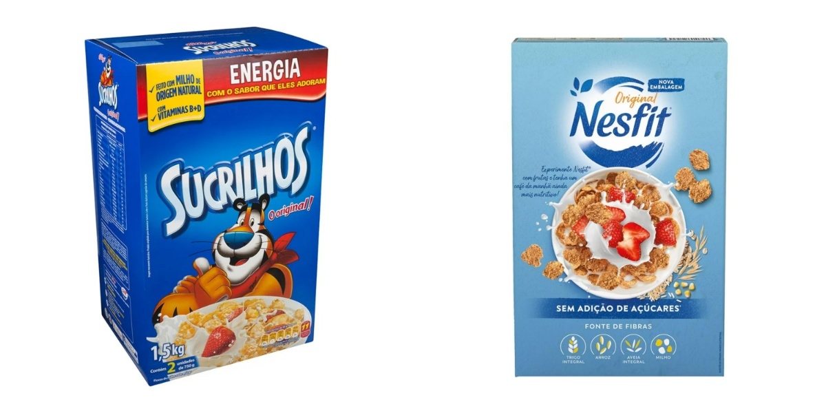 Cereal com açúcar Sucrilhos e cereal Nesfit sem açúcar (Foto: Reprodução/Kellogg's/Nestlé)