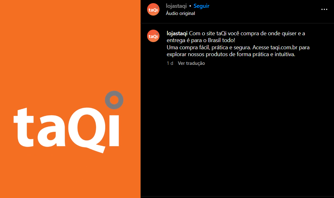 Anúncio da Taqui sobre a possibilidade de fazer compras, em todo o país, através do site (Foto Reprodução/Instagram)