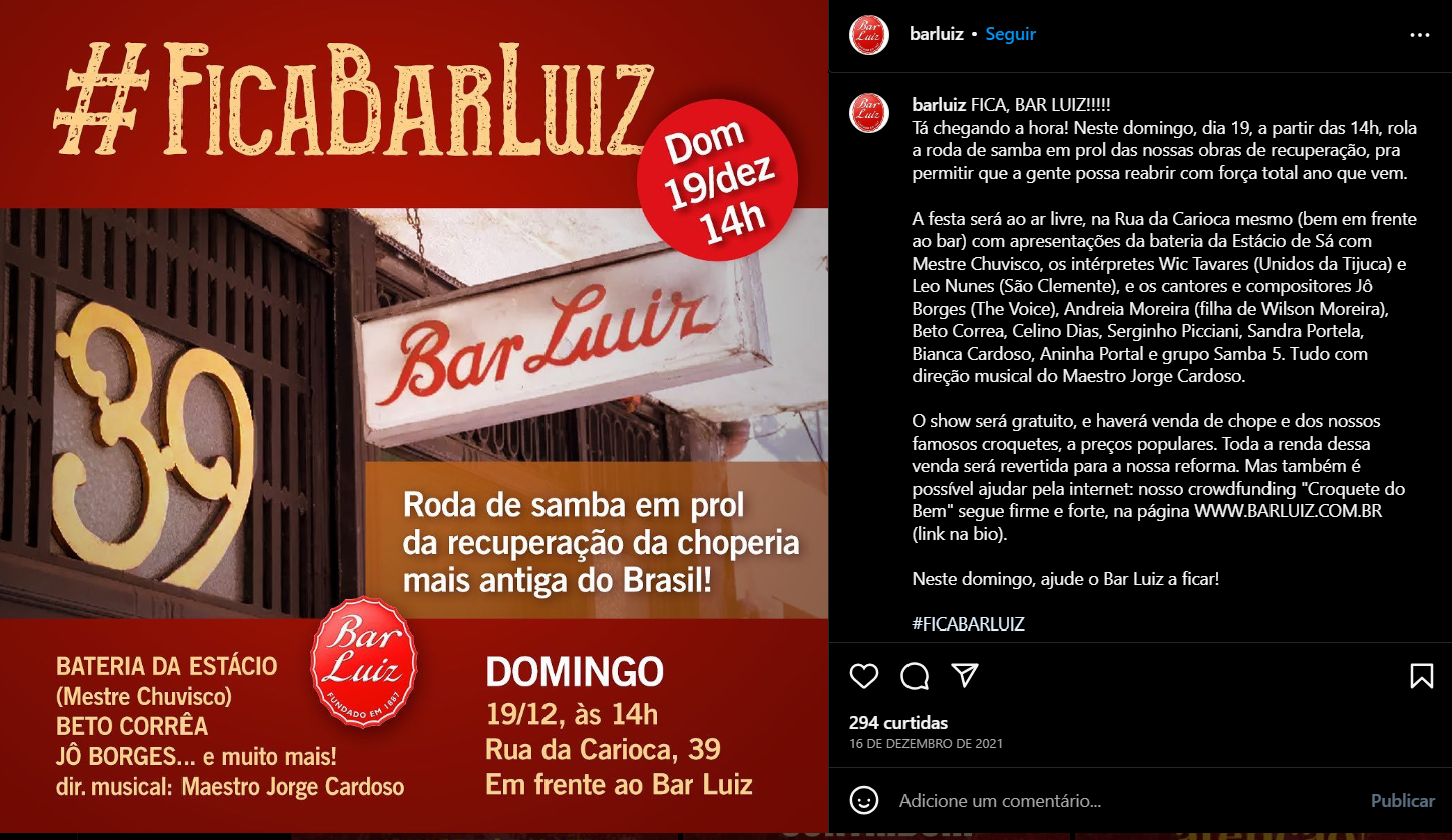 Foi movimentada uma ação solidária pela permanência do Bar Luiz (Foto Reprodução/Instagram)