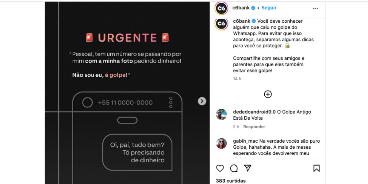 Comunicado do C6 Bank (Foto: Reprodução / Instagram)