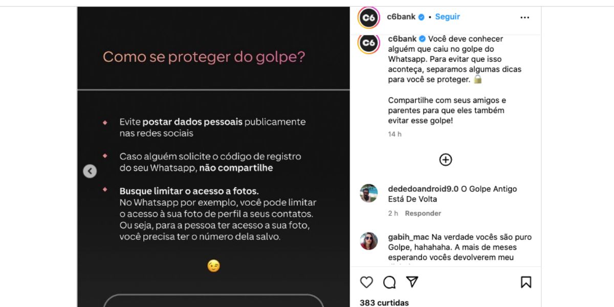 Alerta do C6 Bank (Foto: Reprodução / Instagram)