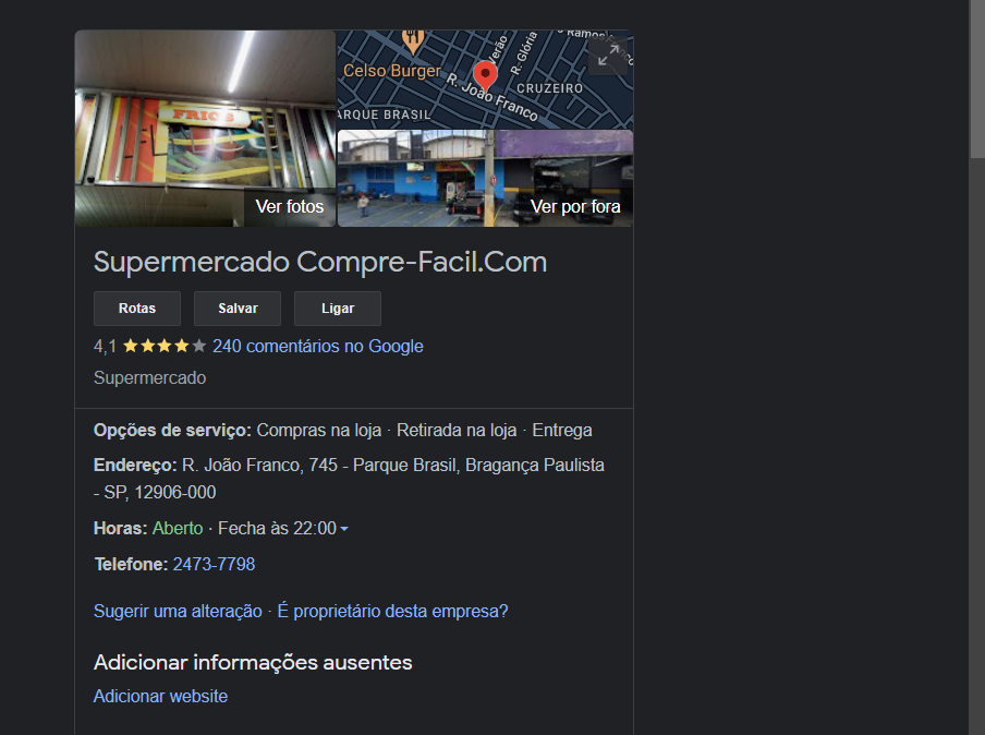 Ao pesquisar o Supermercado Compre Fácil, ele permanece ativo (Foto Reprodução/Google)