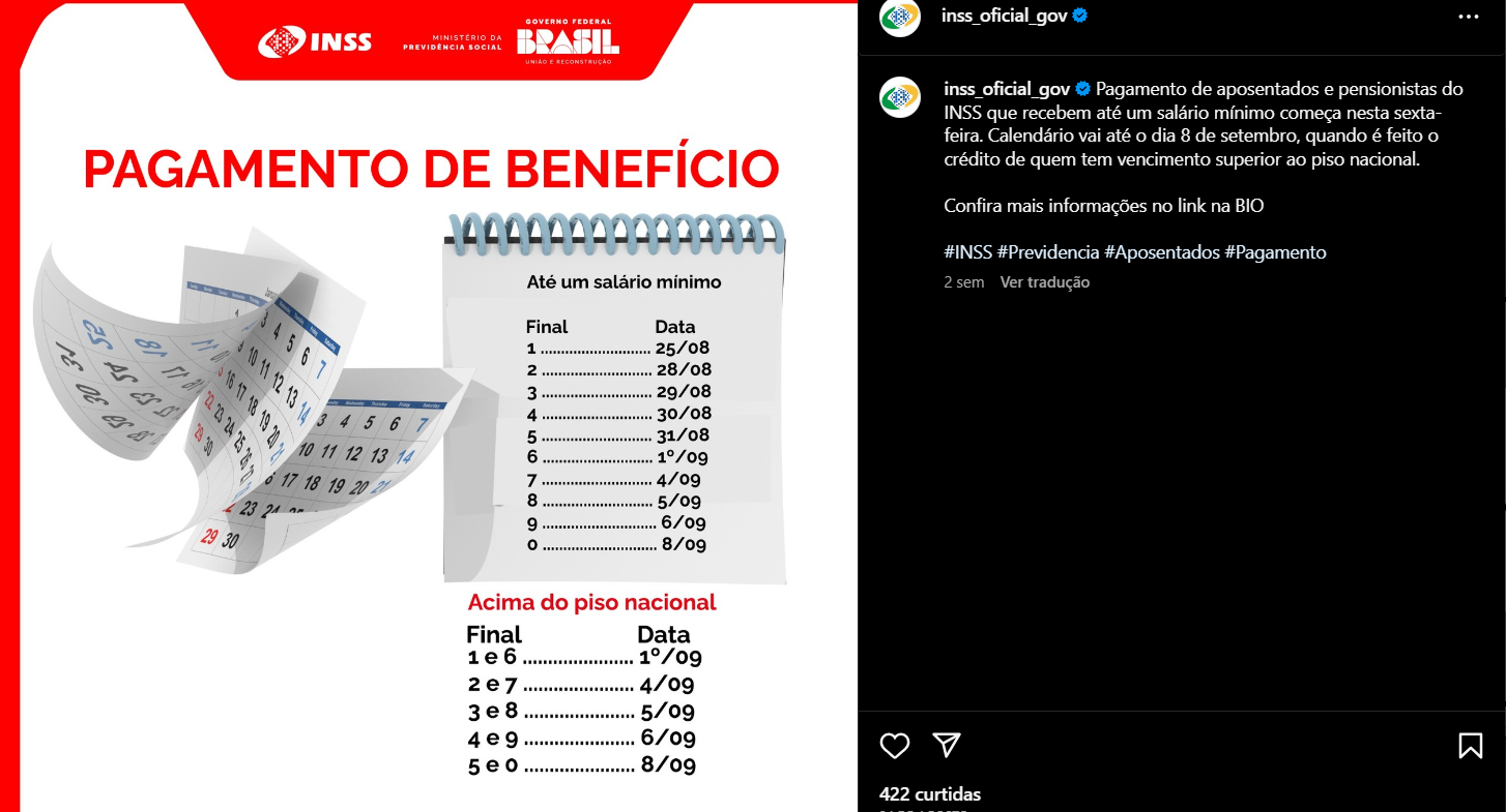 Datas dos pagamentos divulgadas pelo INSS através das suas redes sociais (Foto Reprodução/Internet)