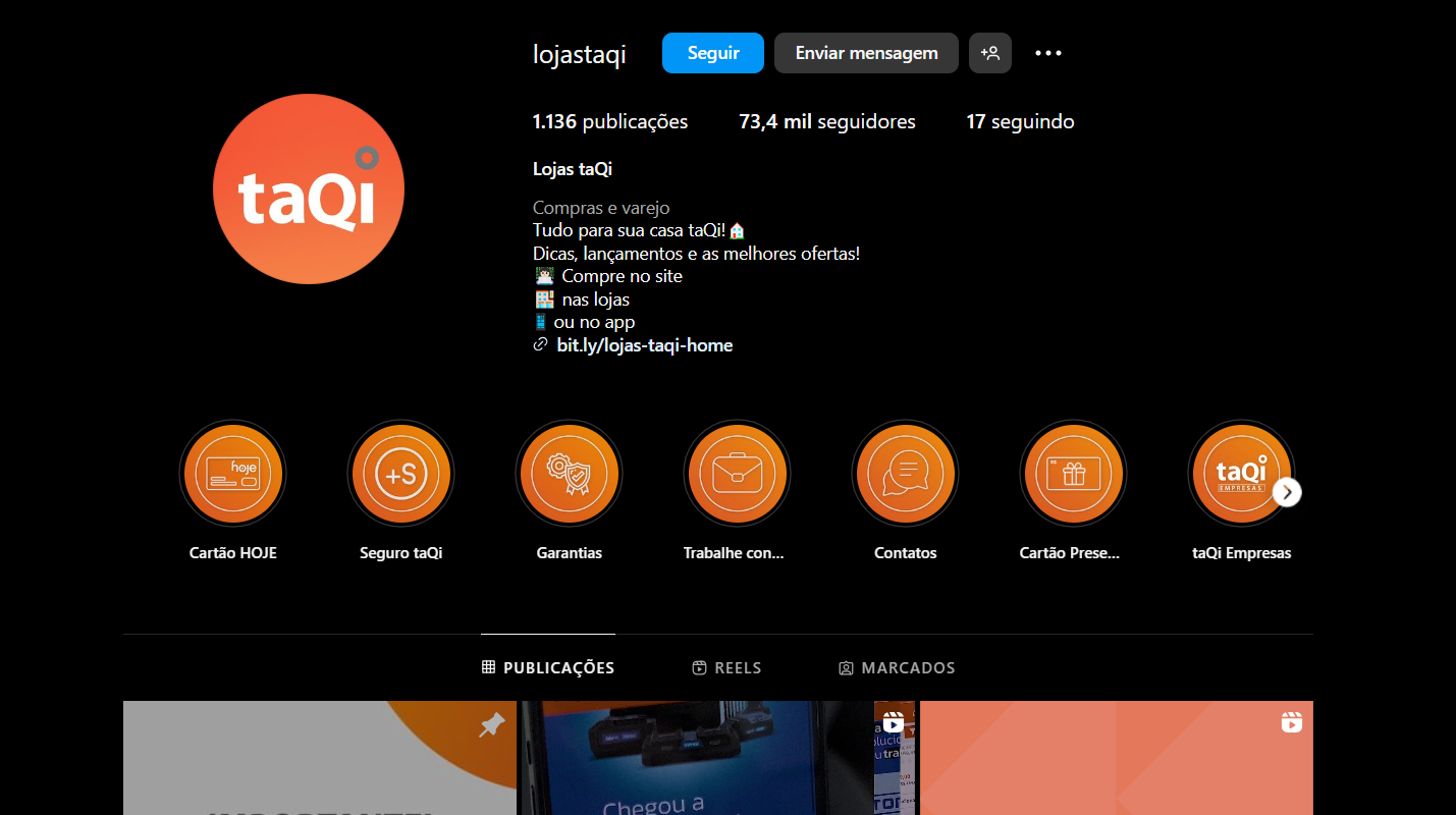 Perfil oficial da Lojas Taqi nas redes sociais conta com 73 mil seguidores (Foto Reprodução/Instagram)