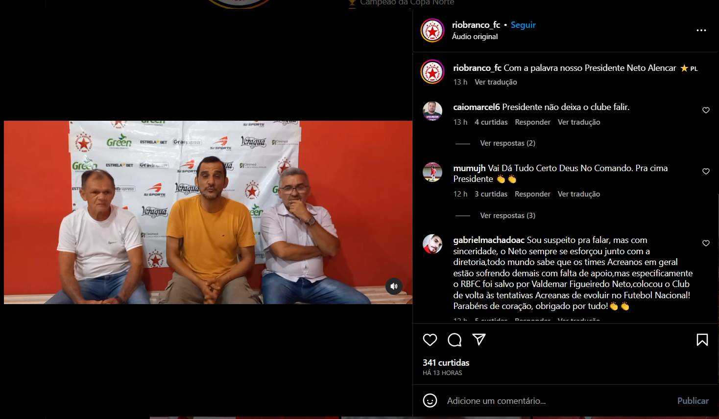 Depoimento do Presidente do time expondo a situação através das redes sociais (Foto Reprodução/Instagram)