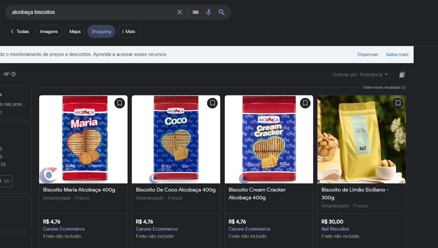 No Google a marca de biscoitos é facilmente encontradas m principais sites de compras pela internet (Foto Reprodução/Google)