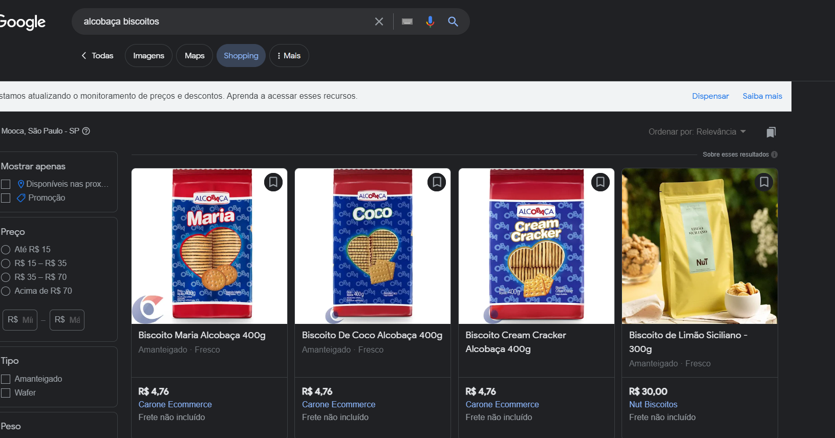 No Google a marca de biscoitos é facilmente encontradas m principais sites de compras pela internet (Foto Reprodução/Google)