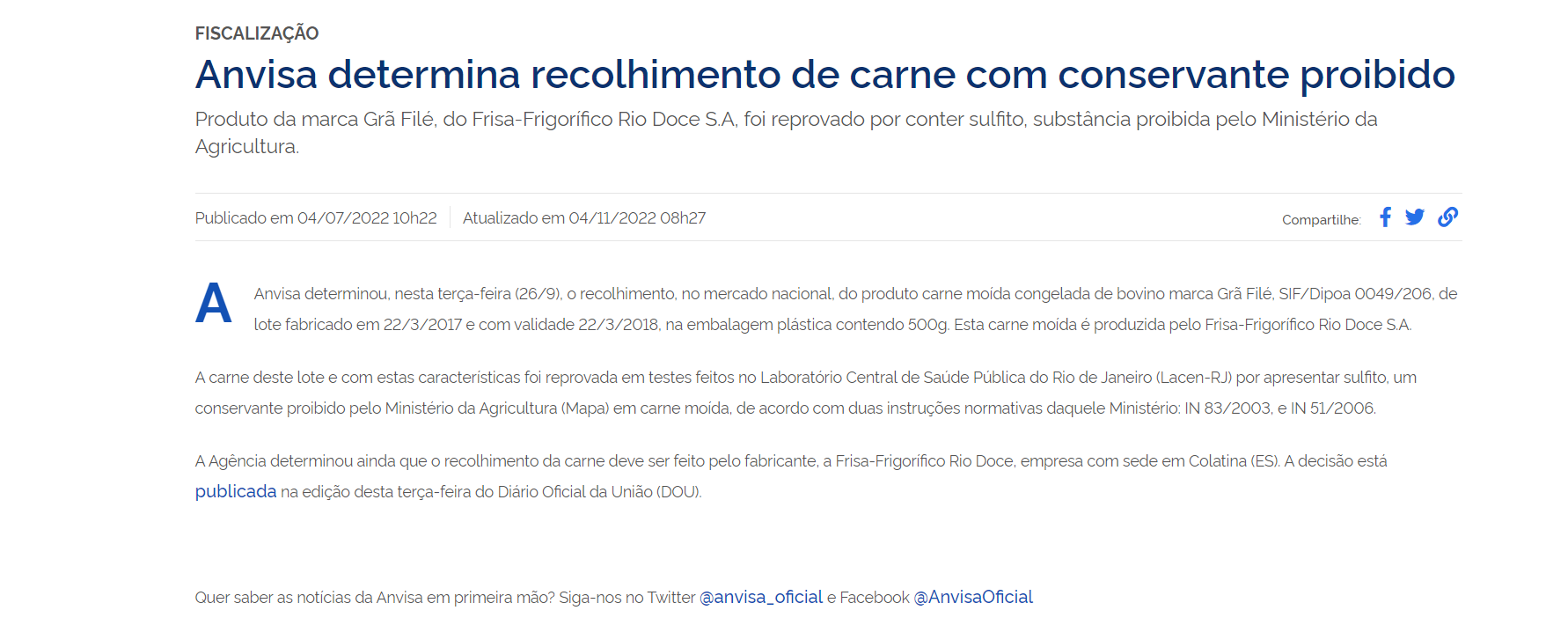 Comunicado da ANVISA a respeito da proibição da marca de carne moída Grã Filé no ano de 2017 (Foto Reprodução/ANVISA/Gov)