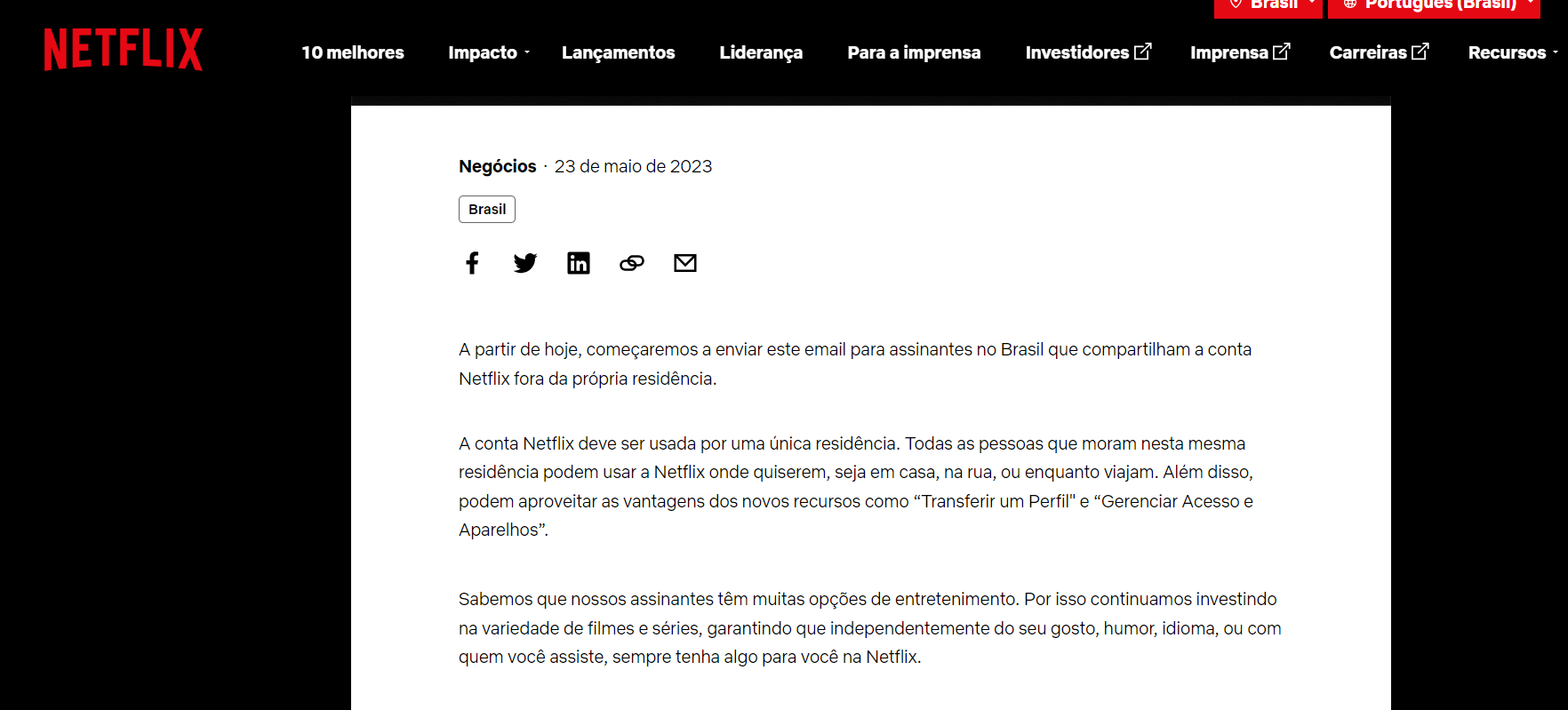 O comunicado oficial da Netflix (Foto Reprodução/Internet)