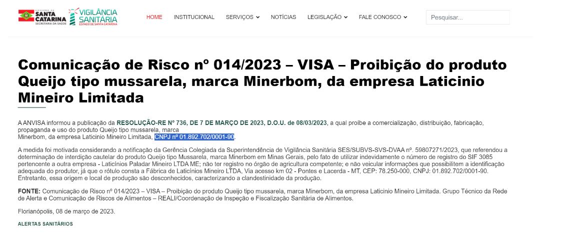 Resolução da ANVISA contra queijo Minerbom (Foto Reprodução/ANVISA)