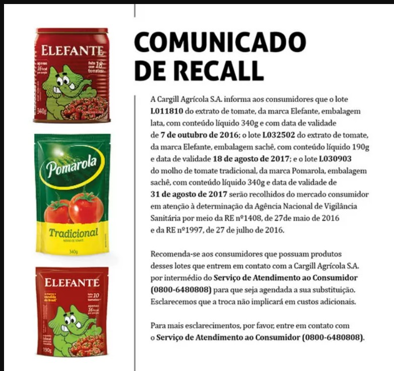 Comunicado das marcas de molho de tomate que foram removidas pela Anvisa