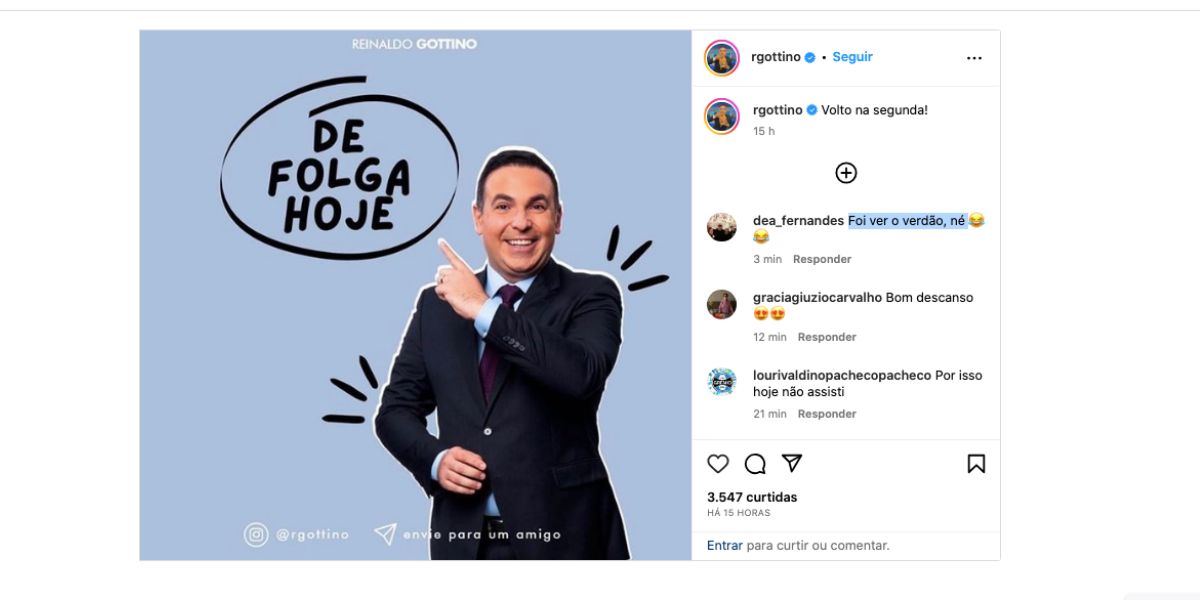 Comunicado de Reinaldo Gottino sobre saída provisória do Balanço Geral da Record (Foto: Reprodução / Instagram) 