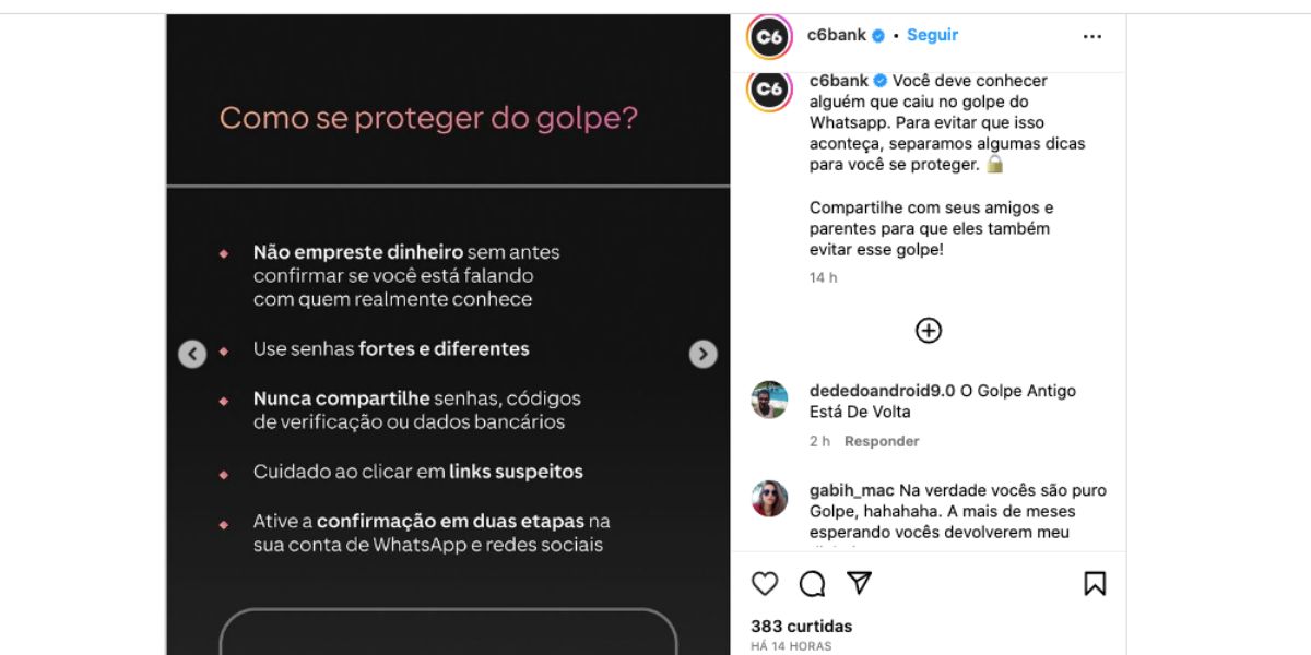 Alerta do C6 Bank (Foto: Reprodução / Instagram)