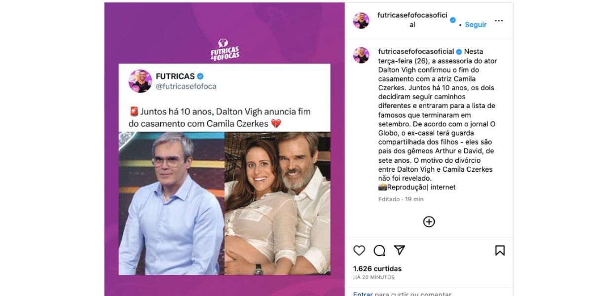 Comunicado sobre Dalton Vigh e Camila Czerkes (Foto: Reprodução / Instagram)