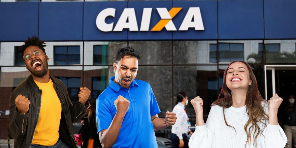 Fachada de agência da Caixa e pessoas comemorando - Foto Reprodução Internet