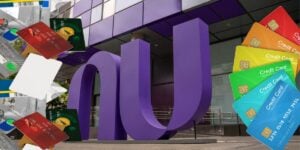 Fachada de sede do Nubank e vários cartões de crédito - Foto Reprodução Internet