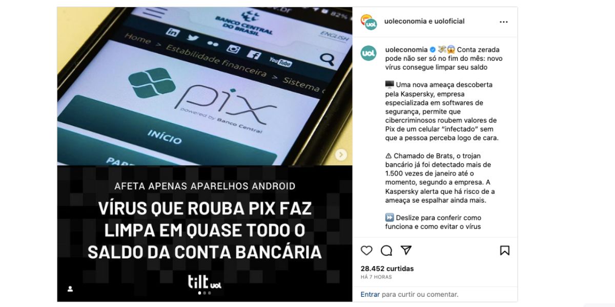 Notícia sobre golpe do PIX (Foto: Reprodução / Instagram)