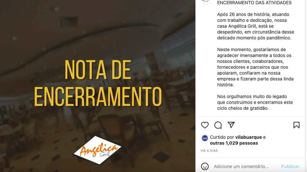 Nota de encerramento da churrascaria Angélica Grill - Foto Reprodução g1