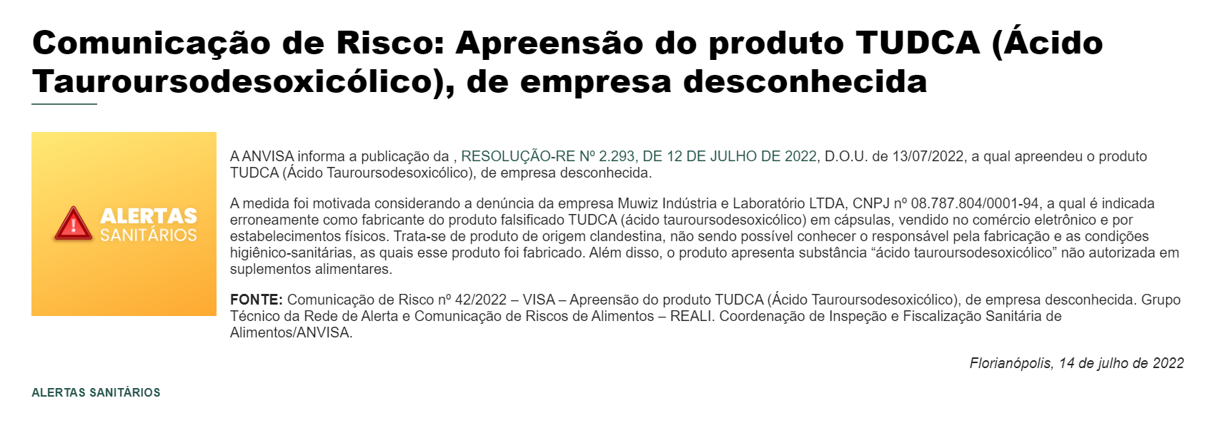 Comunicado da ANVISA sobre a TUDCA - Foto: Reprodução/Internet