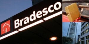 Unidade Bradesco, porta fechada e banco (Fotos: Reproduções / Internet / Canva)