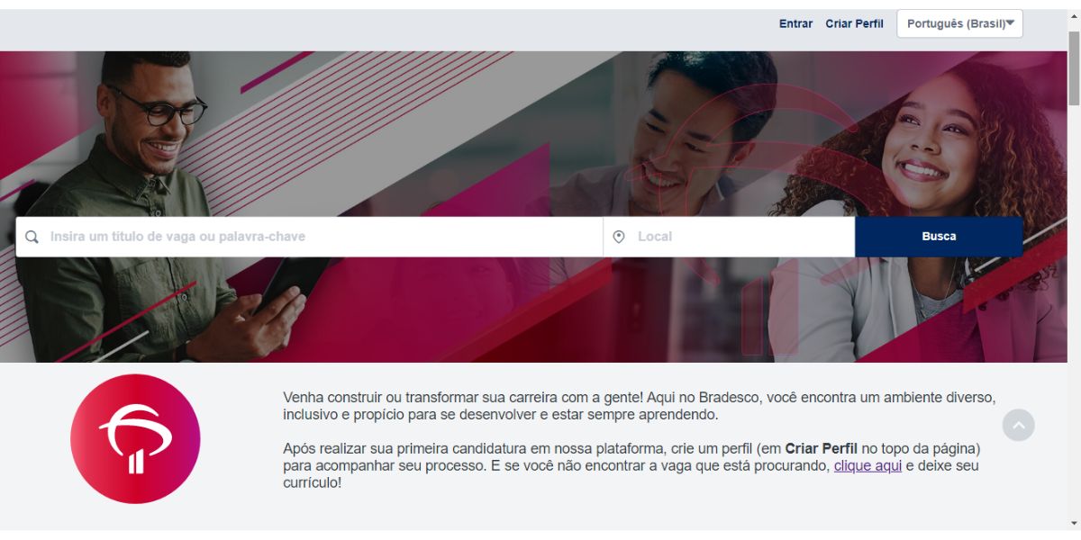 Print do site de carreiras do Bradesco com a barra de buscas. (Foto: Reprodução / Internet)