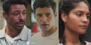 Caio, Marino e Aline em cenas de Terra e Paixão (Foto: Reprodução / Globo / Montagem TV Foco)