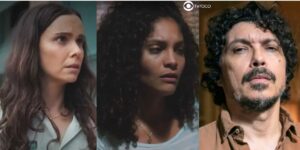 Lucinda, Aline e Sidney em cenas de Terra e Paixão (Foto: Reprodução / Globo / Montagem TV Foco)