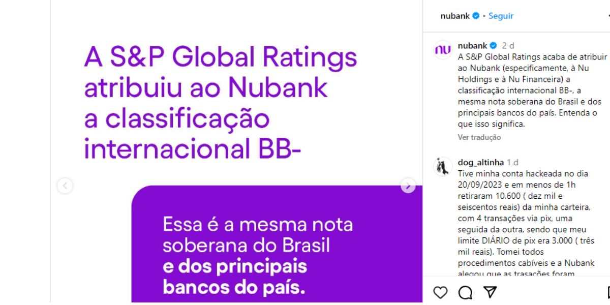 O banco foi atribuído a classificação internacional BB (Reprodução: Instagram)