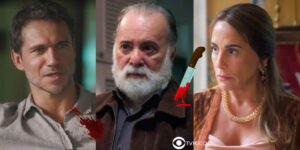 Vinícius, Antônio e Irene em cenas de Terra e Paixão (Foto: Reprodução / Globo / Montagem TV Foco)