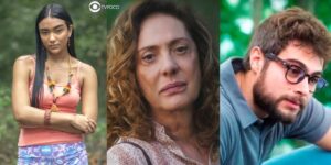 Yandara, Agatha e Hélio em cenas de Terra e Paixão (Foto: Reprodução / Globo / Montagem TV Foco)