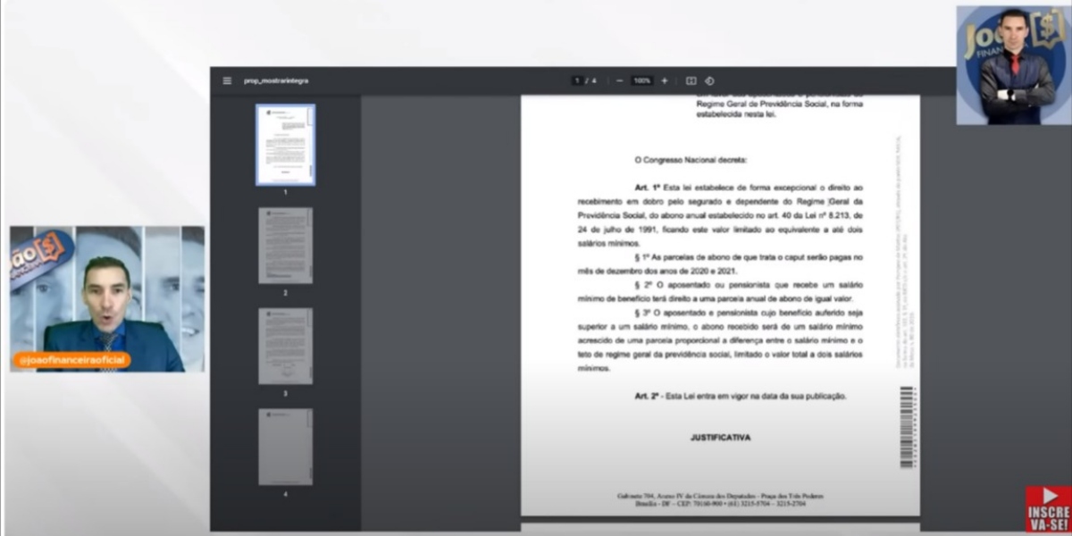 Responsável pelo canal João Financeira mostrou documento sobre o 14º salário do INSS (Foto: Reprodução/YouTube)