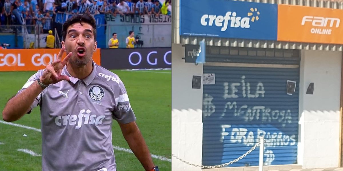 Abel Ferreira e loja da Crefisa pichada por torcedores do Palmeiras (Foto - Montagem TV Foco) 