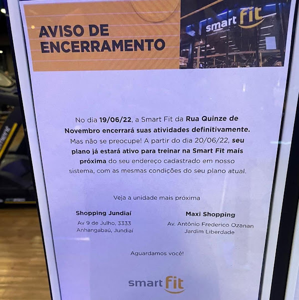 Aviso sobre encerramento de unidade SmarFit (Reprodução/Internet)