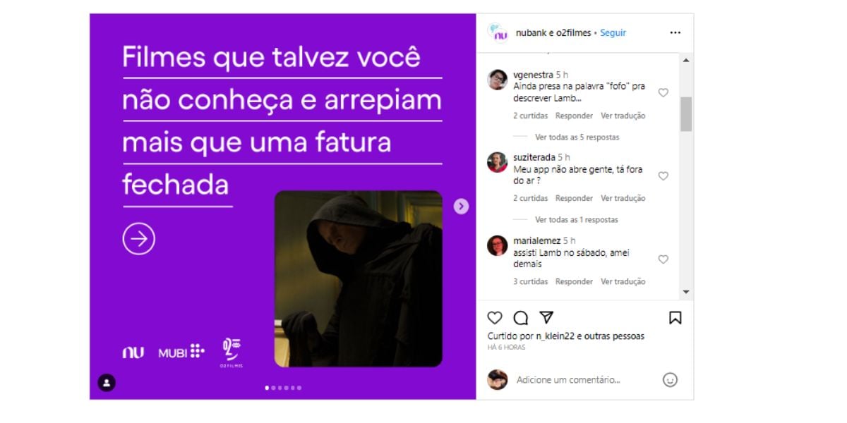 Publicação da Nubank no Instagram - Foto: redes sociais