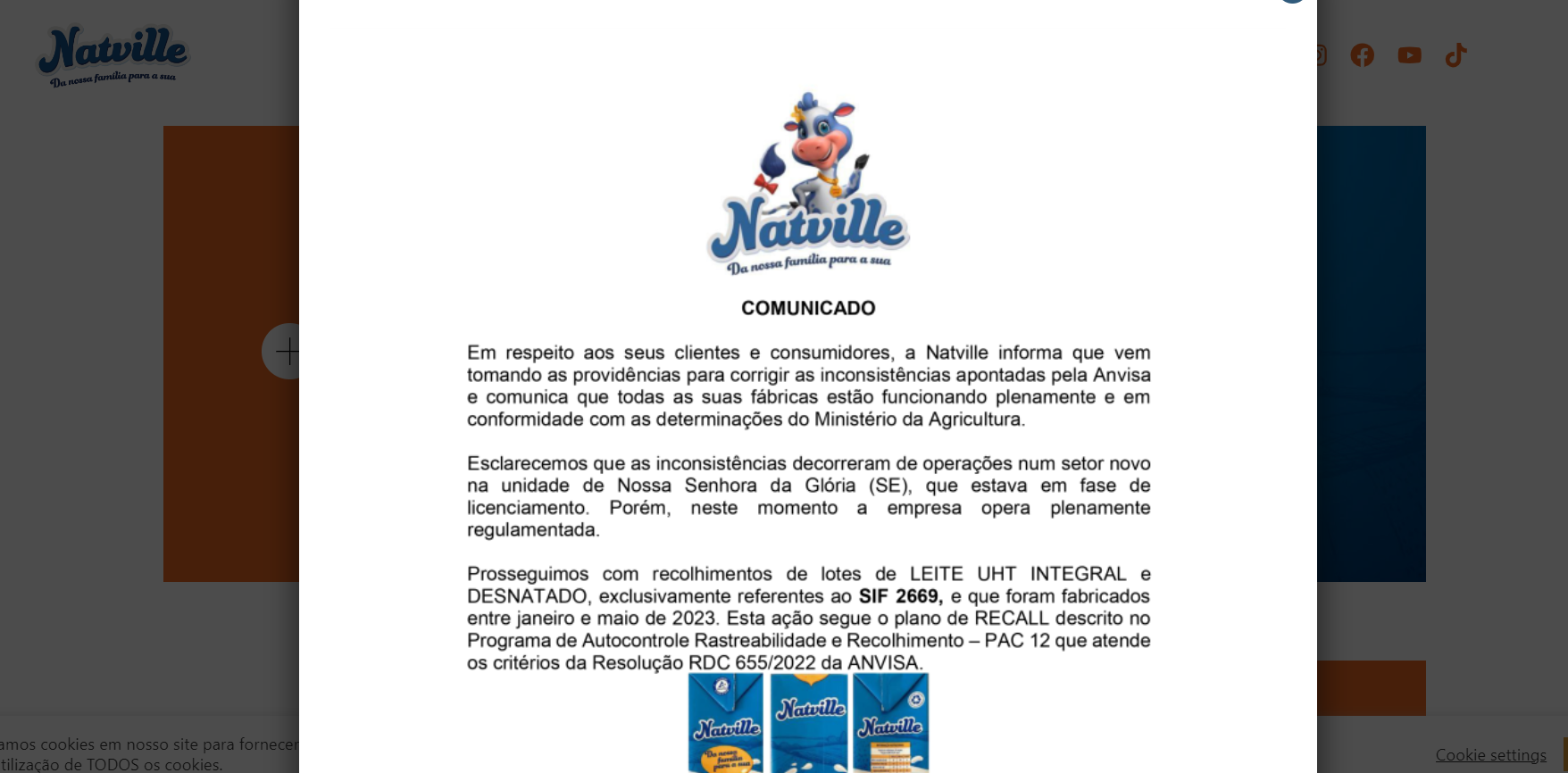 Comunicado da Natville oficial sobre o ocorrido (Foto Reprodução/Natville)