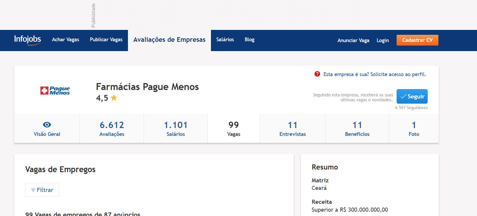 Perfil da Pague Menos na Infojobs (Foto Reprodução/Infojobs)