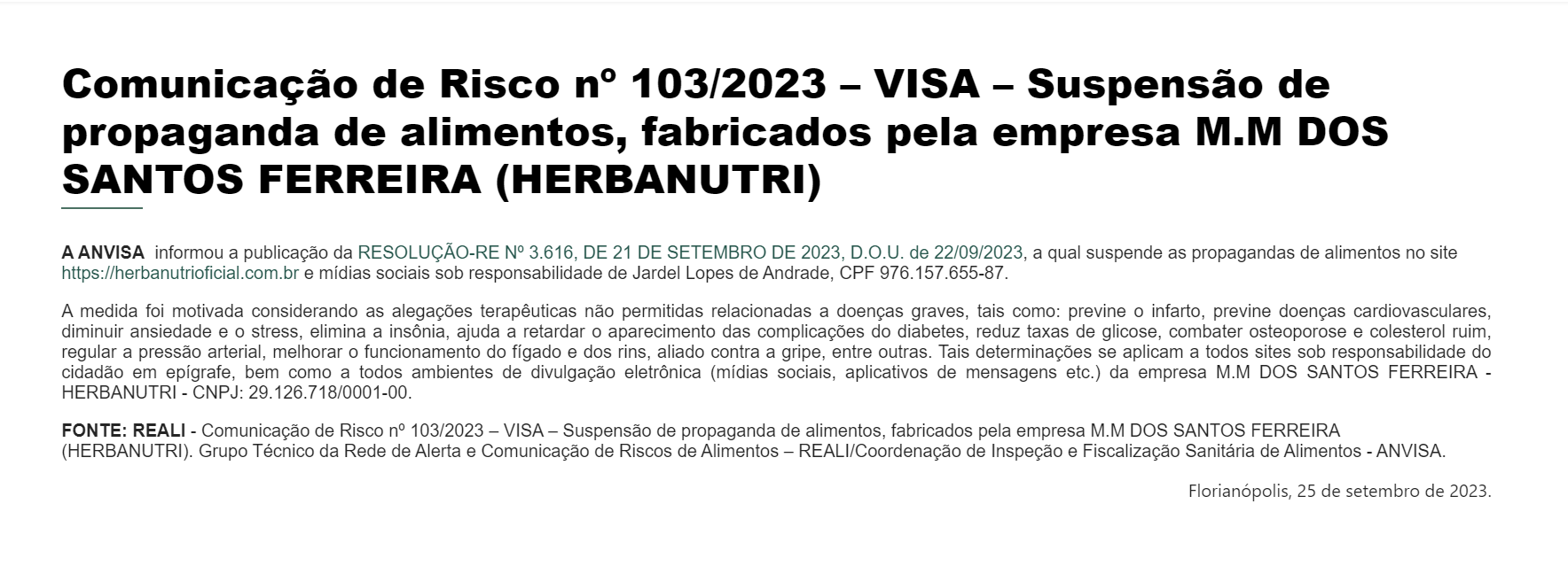 Comunicado oficial da ANVISA quanto a proibição da Herbanutri (Foto Reprodução/Vigilância Sanitária)