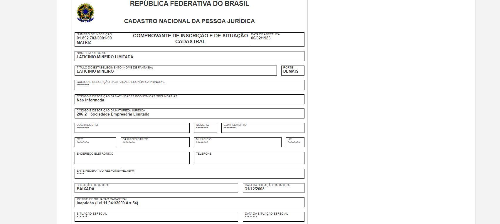 Situação cadastral do CNPJ da Latícinio Mineiro LTDA (Foto Reprodução/Internet)