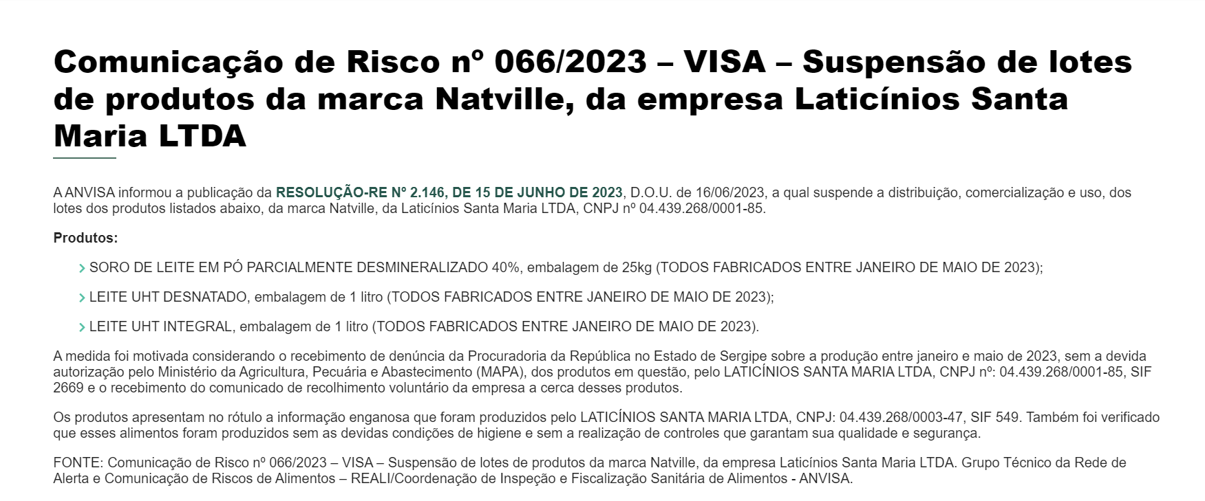 Comunicado OFICIAL da Anvisa quanto a suspensão do produtos da marca Natville (Foto Reprodução/Internet)