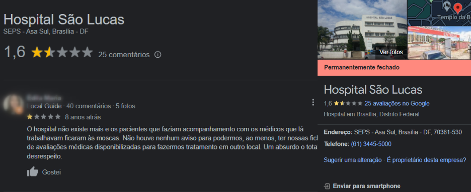 Los pacientes dejan comentarios en el campo del directorio local de Google sobre el Hospital Sao Lucas (reproducción de fotos/montaje/Foco TV)