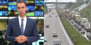 César Tralli no Jornal Hoje e, caminhões e carros em estrada (Fotos: Reproduções / Globo)