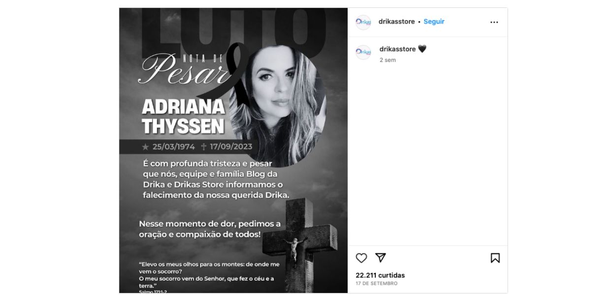 Comunicado sobre morte de Adriana Thyssen (Foto: Reprodução / Instagram)