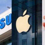 Logo da Samsung, Apple e celular carregando - montagem: Tv foco