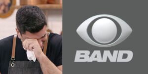 Edu Guedes chorando e logo da Band - Foto Reprodução Internet